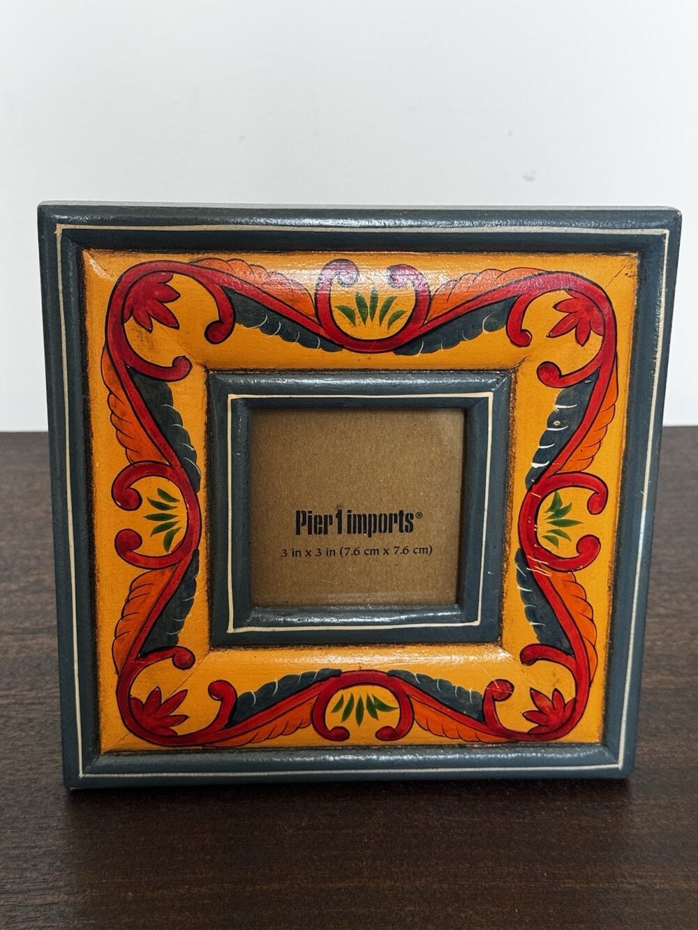 Pier 1 Imports Wooden Picture Frame Square Folk Art Boho Colorful Distressed